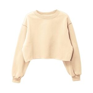NWT‎ Womens Cream Cropped Long Sleeve Fleece Pullover Sweatshirt- Small